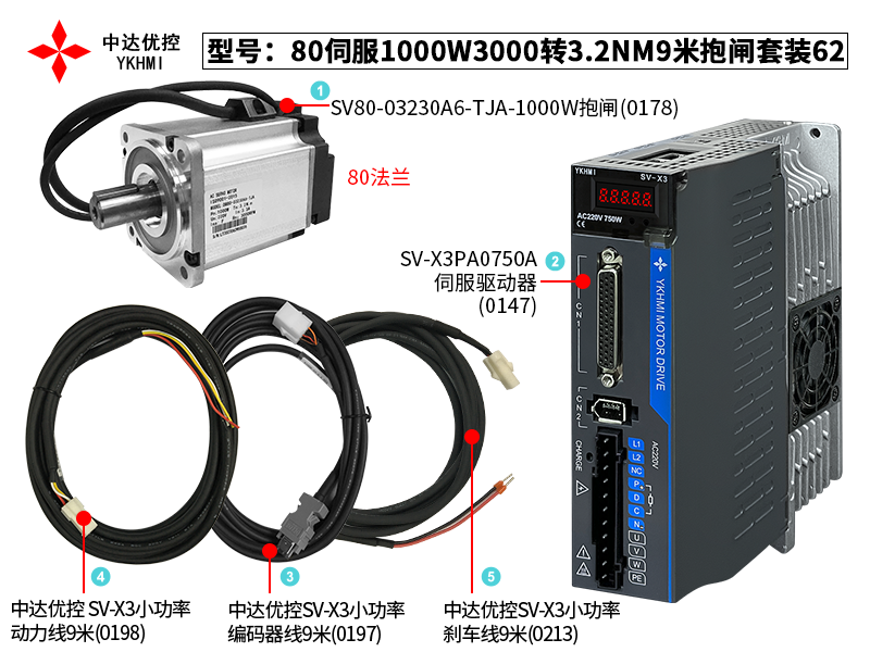 80伺服1000W3000转3.2NM9米抱闸套装62